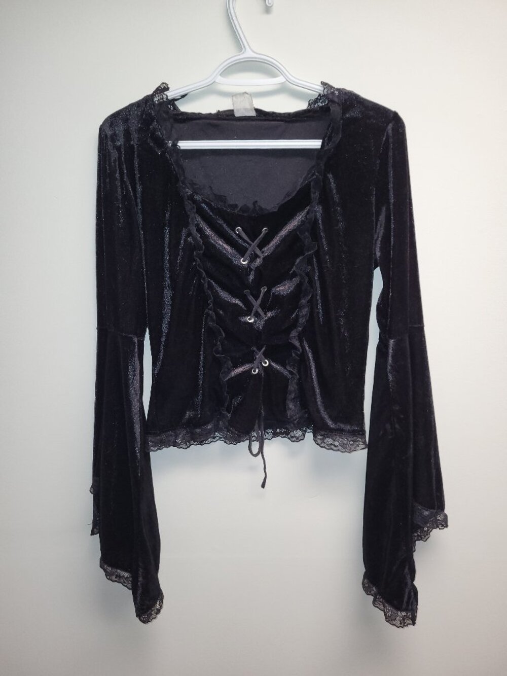 Black Velvet Lace Up Gothic Top Bell Sleeves Size Unknown